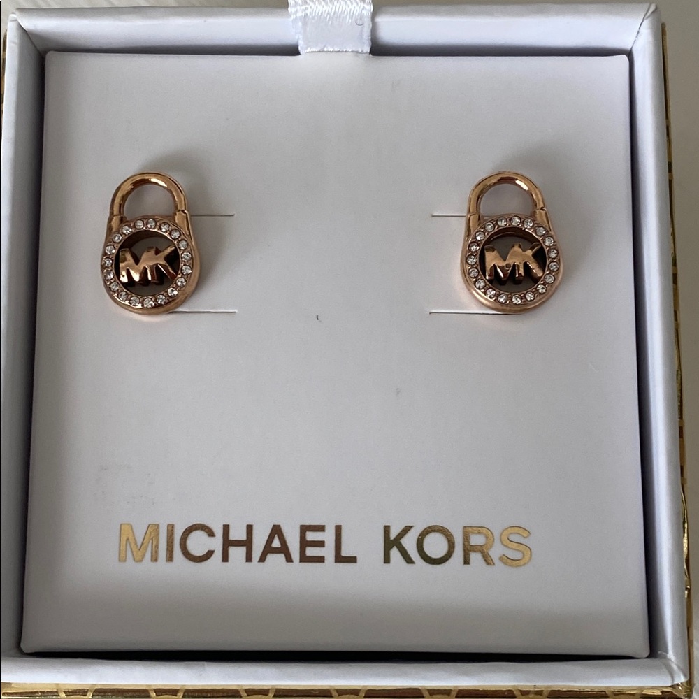 Michael Kors Rose Gold Padlock Logo Crystal Stud Earrings - Picture 9 of 12